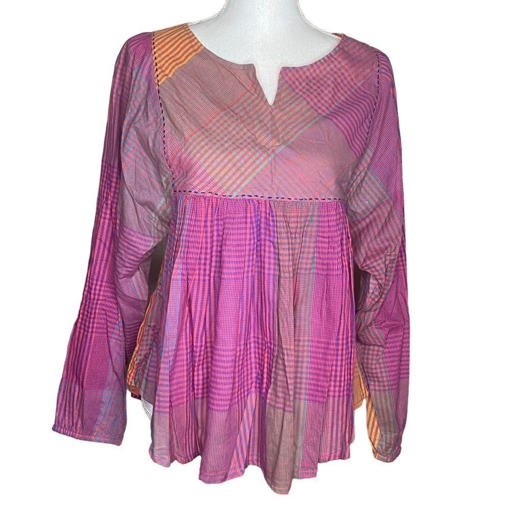 World Market Orange Pink Plaid Checker Print Balloon Sleeve Boho Blouse Sz Sm